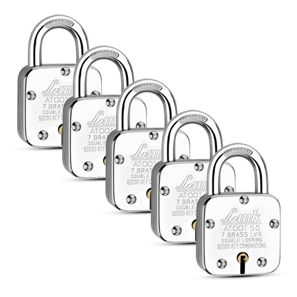 Link Atoot 50MM Padlocks 5Pcs Set | 2 Lakhs Key Combinations | Steel Body | Hardened Shackle | 8 Brass Levers | Made in India | 3 Keys for Each Padlock